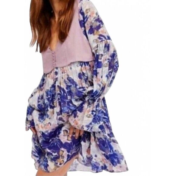 Free People Alice Vested Layered Dress Floral Purple Sz SP Flowy Excellent Cond. - Picture 3 of 8